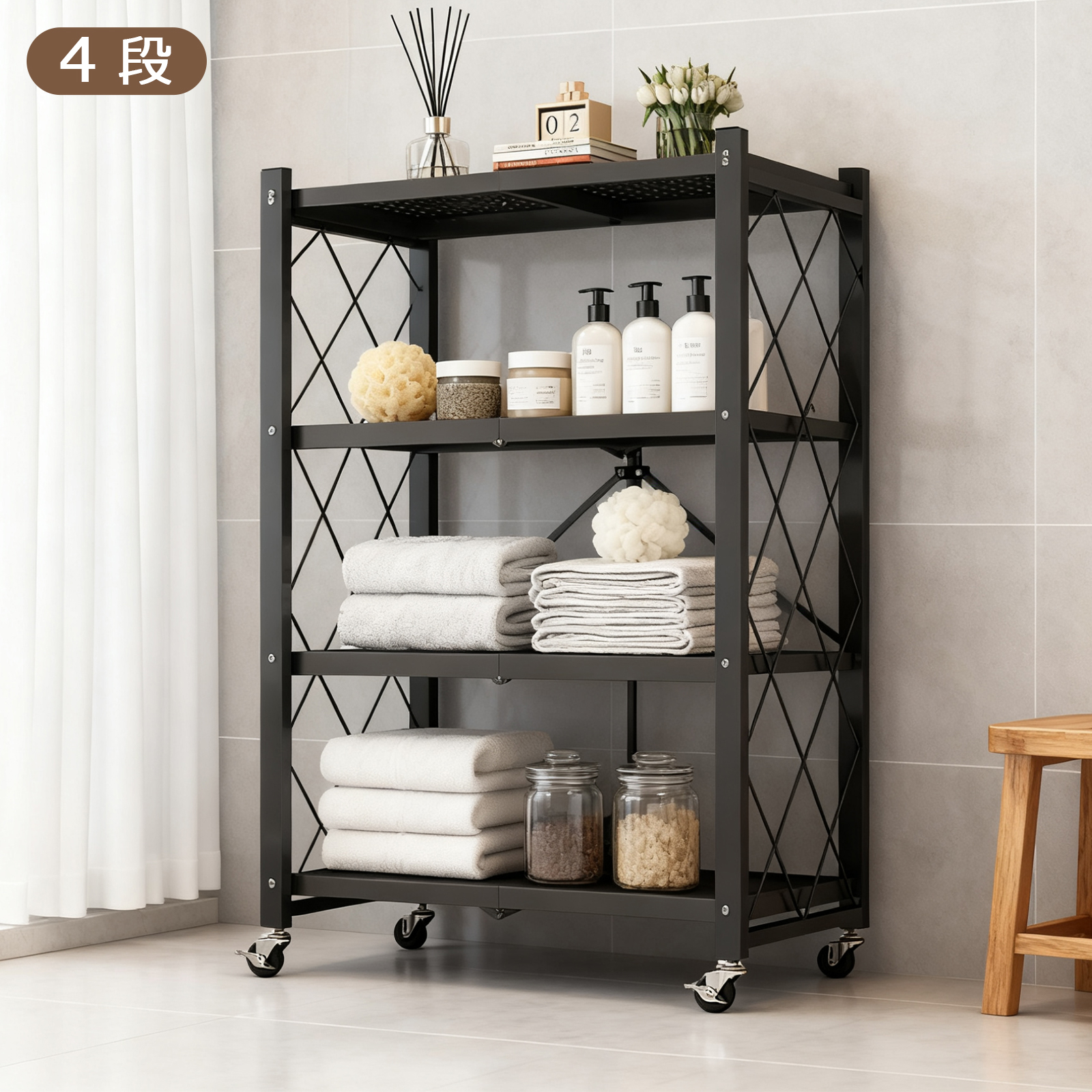 スチールラック シェルフ 4段 折りたたみ キャスター付き 組立不要 耐