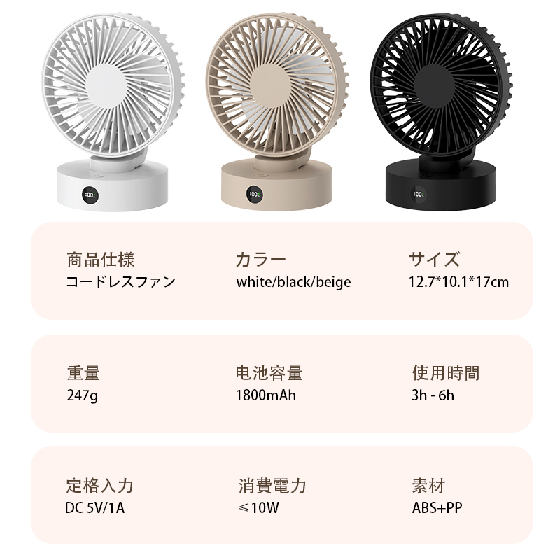 コードレスファン 卓上扇風機 LEDディスプレイ 5段階風量静音 usb