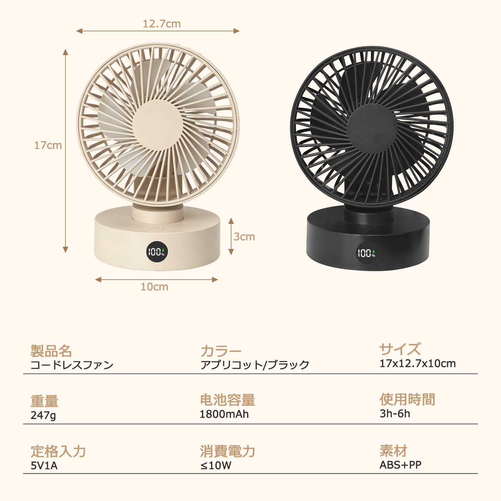 コードレスファン 卓上扇風機 LEDディスプレイ 5段階風量静音 usb