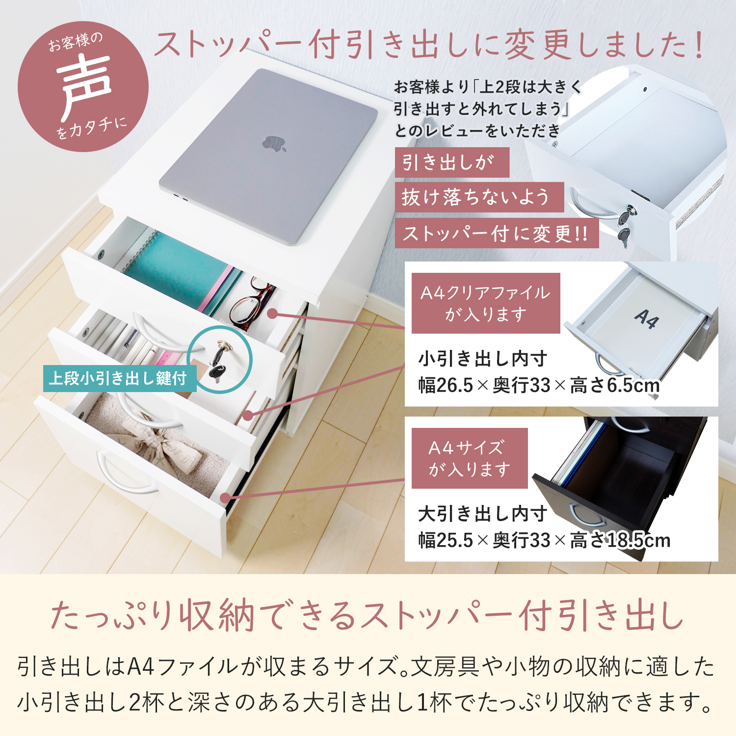 デスク用ワゴン引き出し3杯