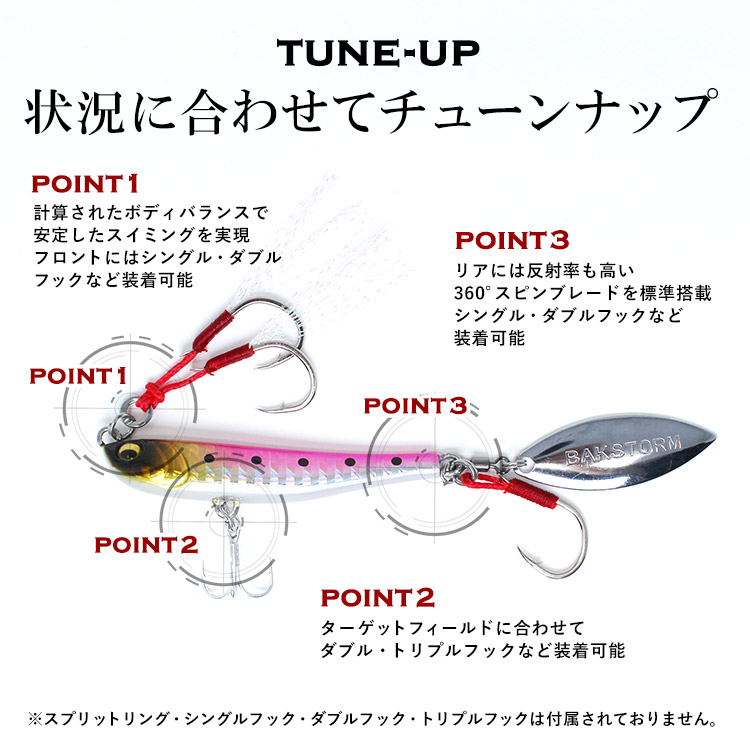 状況に合わせてチューンナップ。計算されたボディバランスで安定したスイミングを実現。リアには反射率も高い360°スピンブレードを標準搭載。ターゲットフィールドに合わせてダブル・トリプルフックなど装着可能。