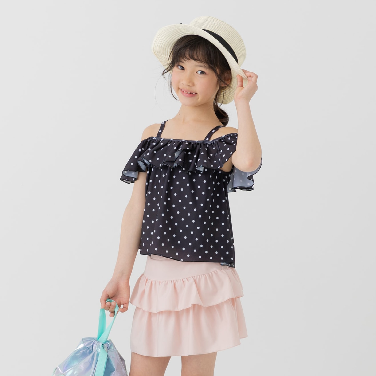 送料無料 キッズ 子供服 水着 女の子 無地 ドット プール セパレート セットアップ 2点セット フレア フリル オフショルダー 夏 100 110 120 130 140 150cm | chil2 | 02