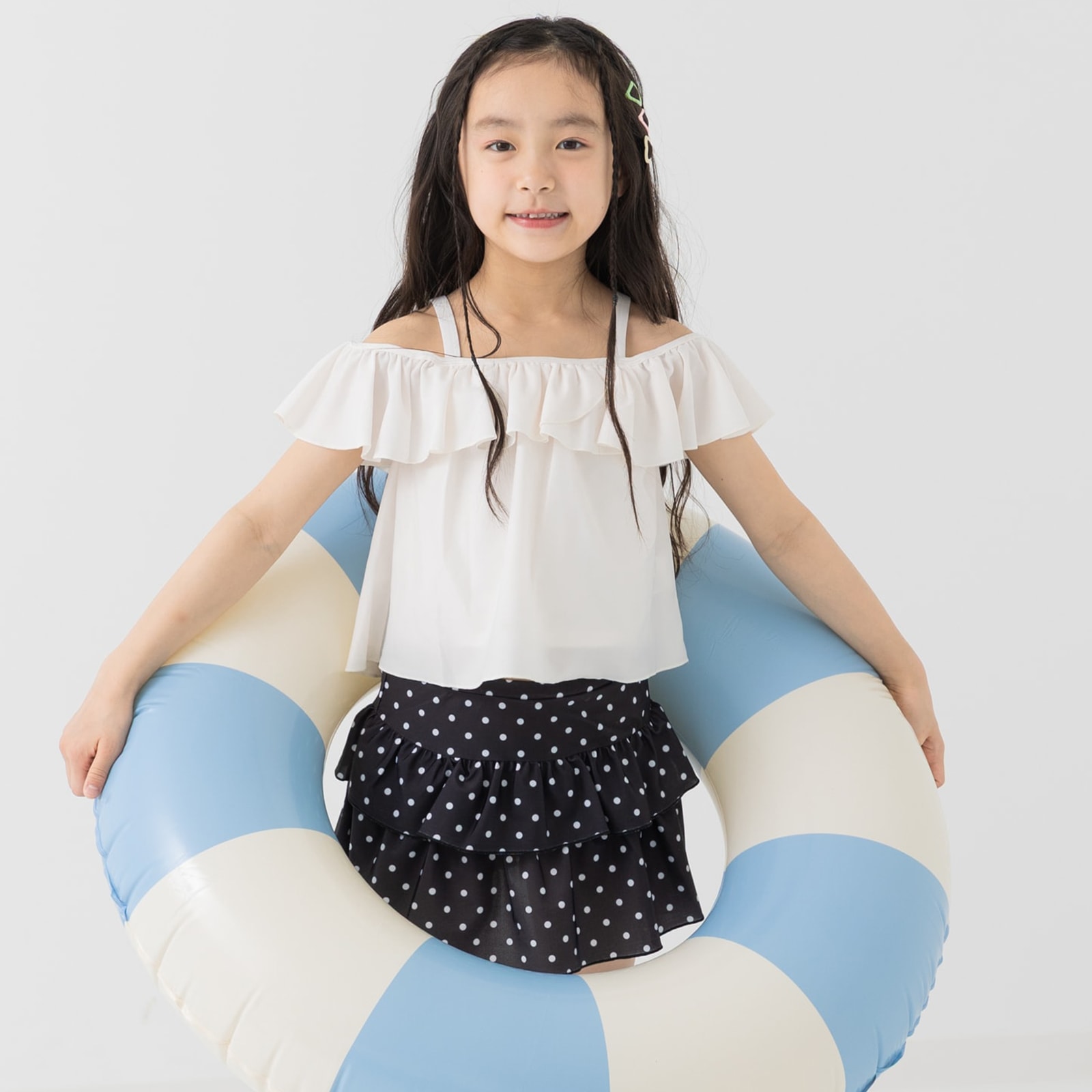 送料無料 キッズ 子供服 水着 女の子 無地 ドット プール セパレート セットアップ 2点セット フレア フリル オフショルダー 夏 100 110 120 130 140 150cm | chil2 | 01