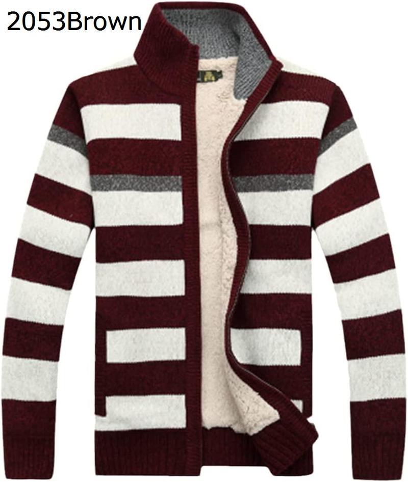 冬 フリース 厚い セーター 男性 ストライプ ウール カーディガン ニット メンズ セーター