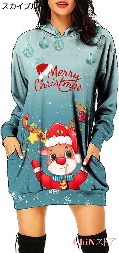 クリスマスコスプレ 大人 パーカーワンピース 長袖 フード付き サンタ 雪柄 きれいめ 洋服 ワンピ...