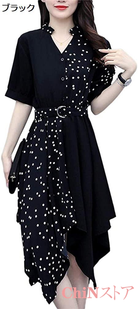 レディース シフォンワンピース 大きいサイズ 女性の服装 Vネック コート 波点 シフォン シャツ ドレス L-5XL｜chin-st｜02