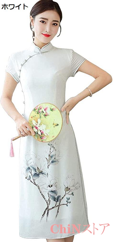 中華風 レディース 印刷 ファッション 甘い 中国語 レトロ 印刷 シフォン チャイナドレス ドレス...