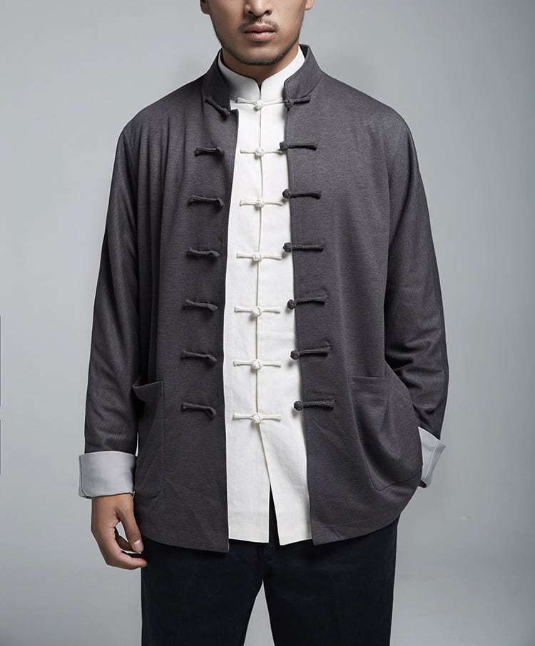 th productsグレー ノーカラーチャイナジャケット チャイナ服 メンズ 男性用 カンフー服 ジャケット チャイナ