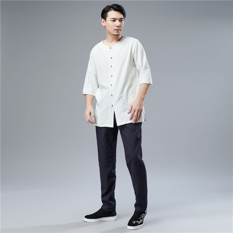 チャイナ服 メンズ 男性用 チャイナTシャツ 全開 5分袖 トップス