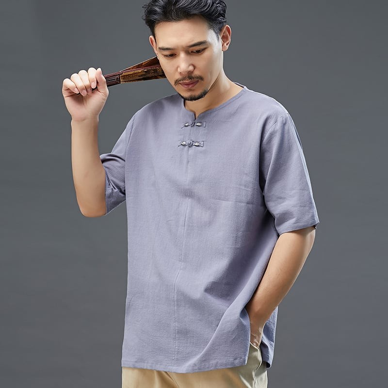 チャイナ服 メンズ 男性用 チャイナTシャツ 漢服 カンフー服 丸首 キーネック 2つボタン チャイ...