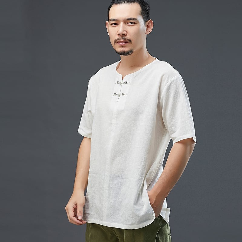 チャイナ服 メンズ 男性用 チャイナTシャツ 漢服 カンフー服 丸首 キーネック 2つボタン チャイナボタン 中華服 中国服 送料無料 民族衣装  送料無料