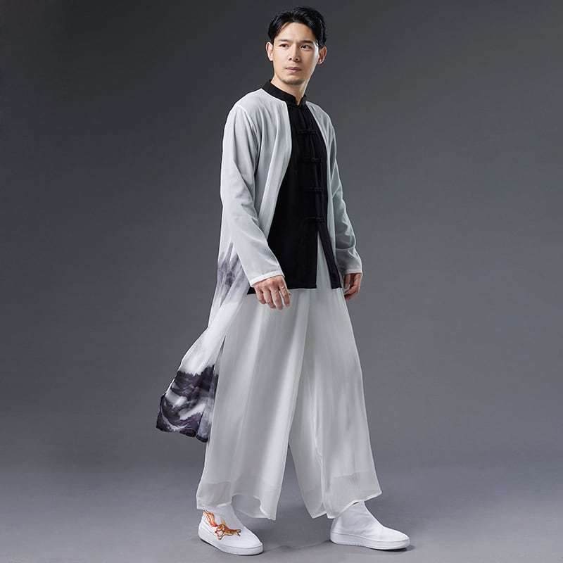 チャイナ服 ツーピース ローブ ジャケット ロングナローブ メンズ 男性用 山水柄 シフォン コスプレ チャイナボタン 中華風 エスニック  民族衣装【送料無料】