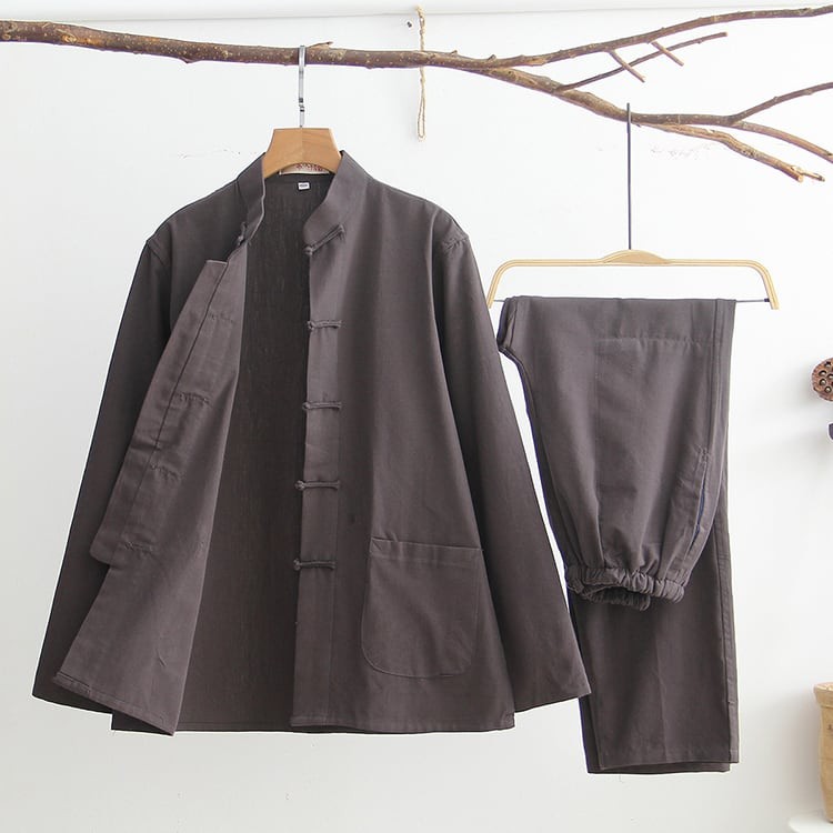 キャピタル 3 チャイナボタン カンフー ジャケット 鹿革 エルボーパッチ チャイナ服 メンズ カンフー スーツ 男性用 太極拳服 上下セット