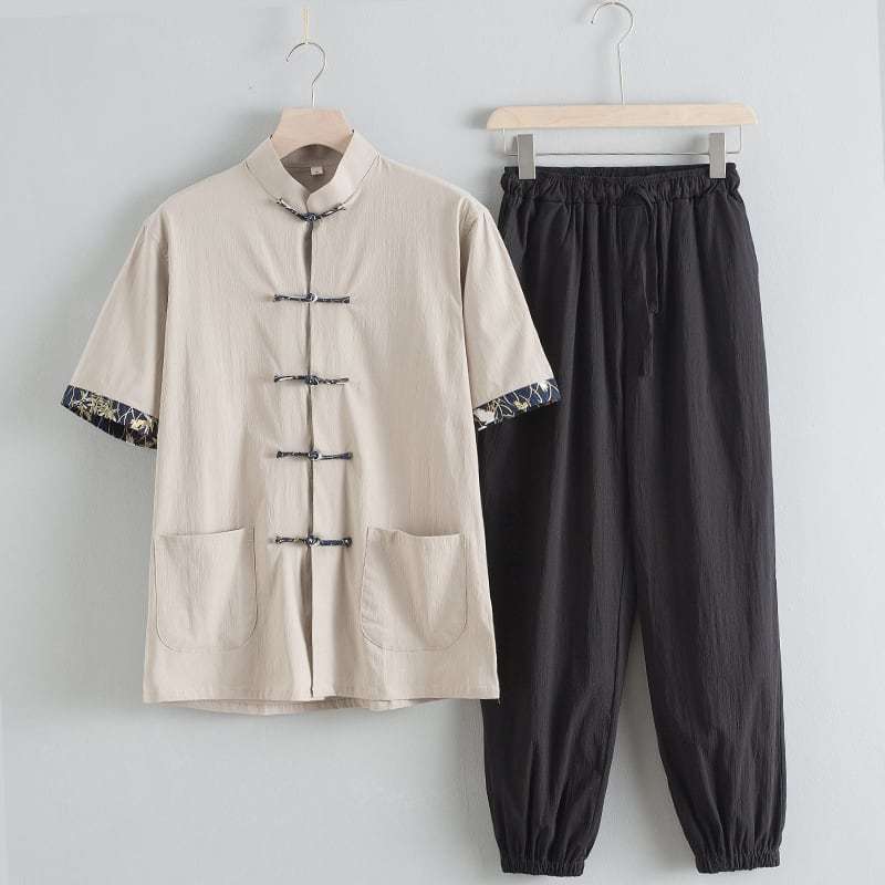 チャイナ服 カンフー服 太極拳服 チャイナスーツ メンズ 男性用 セットアップ 半袖 薄い 上下セット 立ち襟 チャイナボタン プリント袖口 裾絞り 送料無料_9