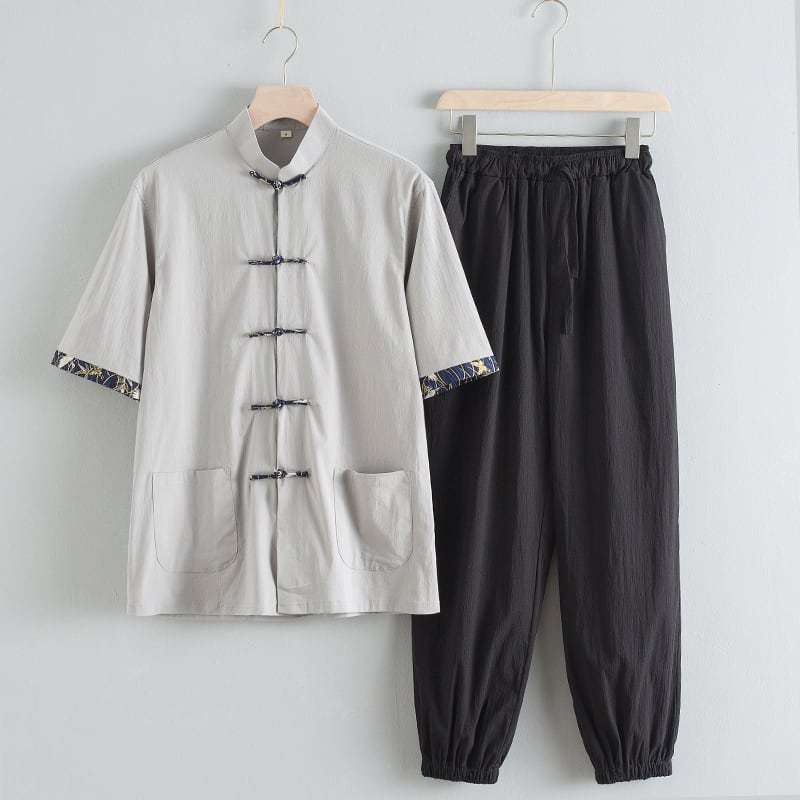 チャイナ服 カンフー服 太極拳服 チャイナスーツ メンズ 男性用 セットアップ 半袖 薄い 上下セット 立ち襟 チャイナボタン プリント袖口 裾絞り 送料無料_8