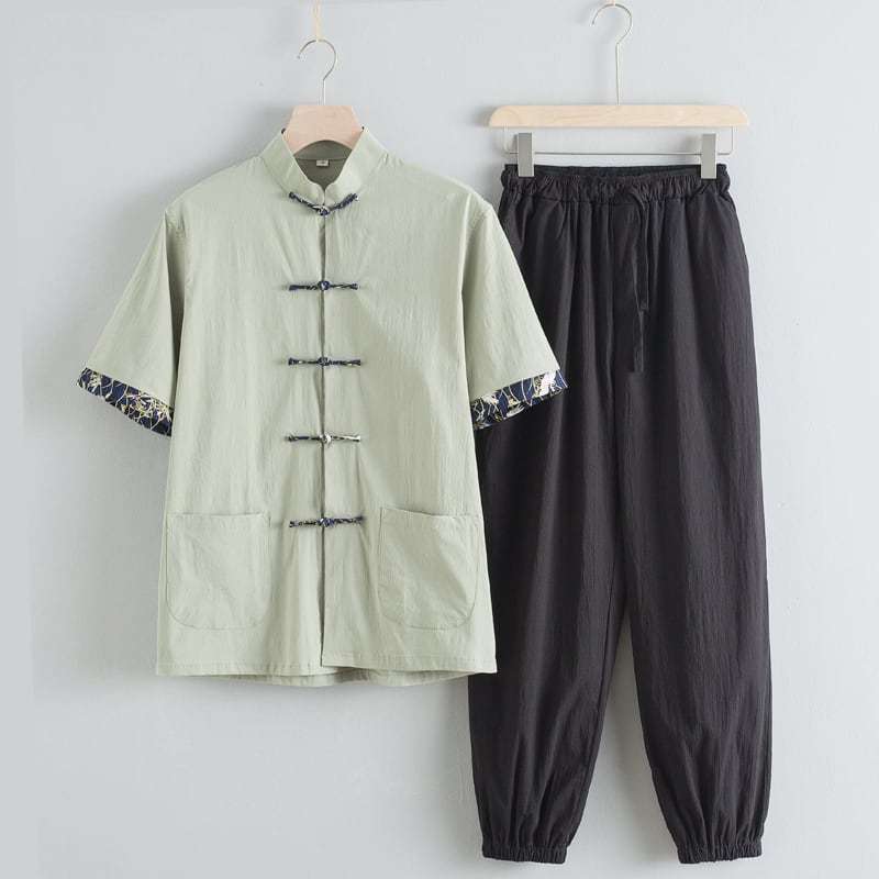 チャイナ服 カンフー服 太極拳服 チャイナスーツ メンズ 男性用 セットアップ 半袖 薄い 上下セット 立ち襟 チャイナボタン プリント袖口 裾絞り 送料無料_5