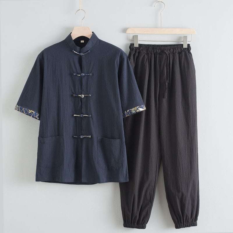 チャイナ服 カンフー服 太極拳服 チャイナスーツ メンズ 男性用 セットアップ 半袖 薄い 上下セット 立ち襟 チャイナボタン プリント袖口 裾絞り 送料無料_7