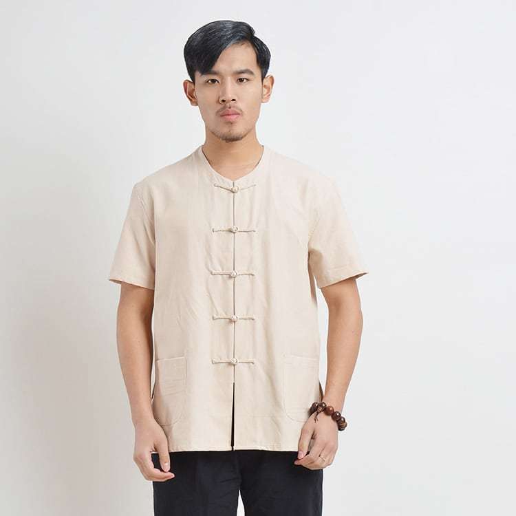 チャイナ服 チャイナシャツ メンズ 男性用 半袖 丸首 襟無し ラウンド