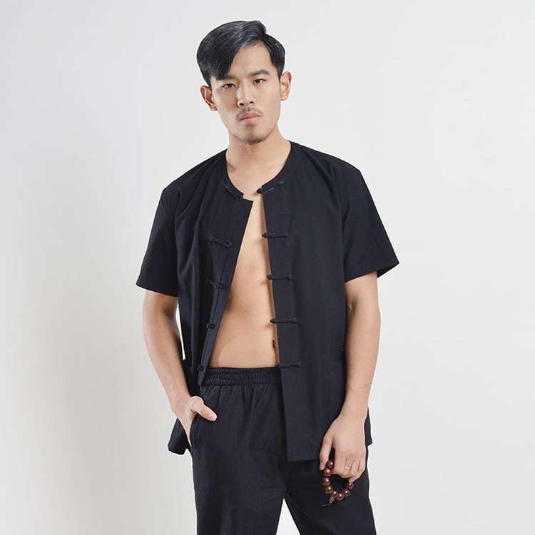 チャイナ服 チャイナシャツ メンズ 男性用 半袖 丸首 襟無し ラウンド