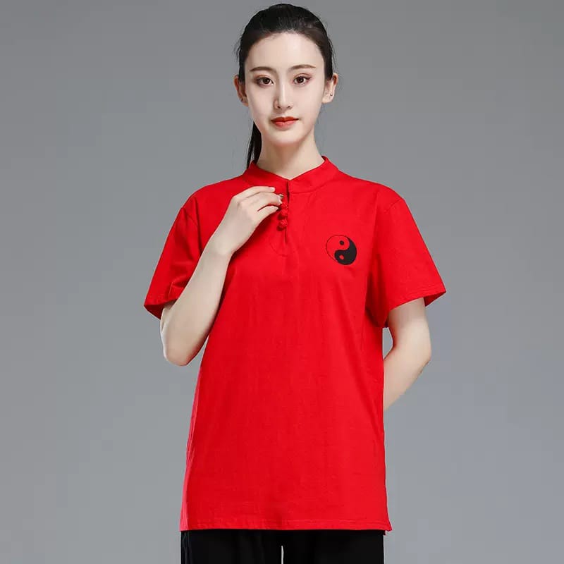 太極拳服 太極拳トレーニングTシャツ 半袖Tシャツ 女性 レディス 練習服 トレーナー マオカラー ヘンリーネック カットソー 太極図 送料無料 太極拳服 太極拳トレーニングTシャツ 半袖Tシャツ 女性 レディス