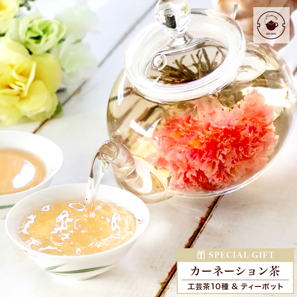 プレゼント ギフト カーネーション 花 工芸茶 10種の花茶とティーポット 詰め合わせ 優雅セット お茶 茶器 送料無料