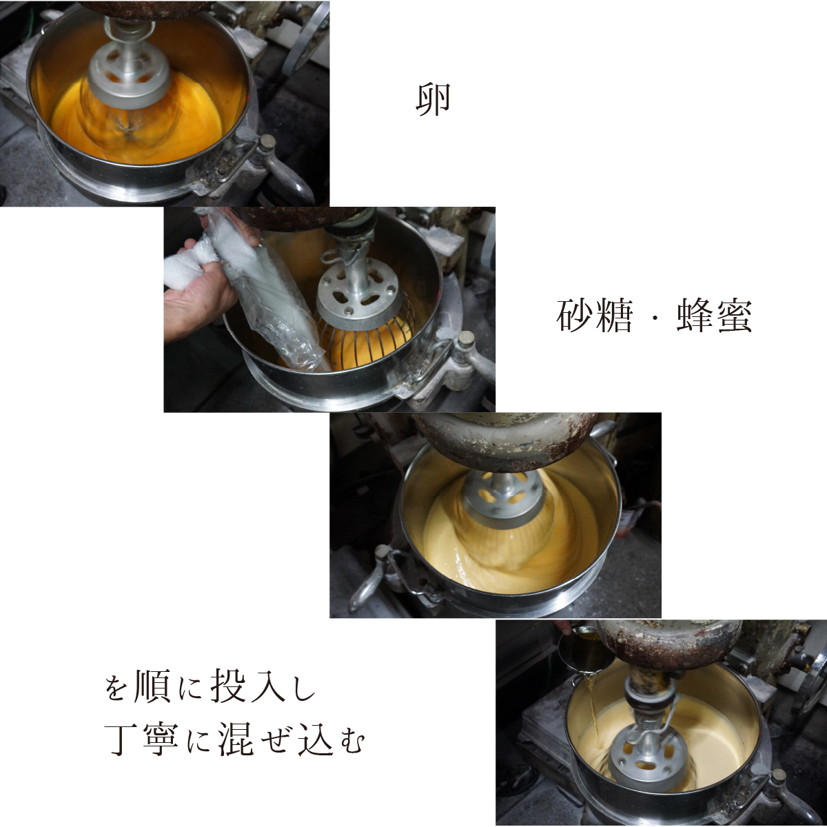 卵・砂糖・はちみつを順に投入し丁寧に混ぜ込む。