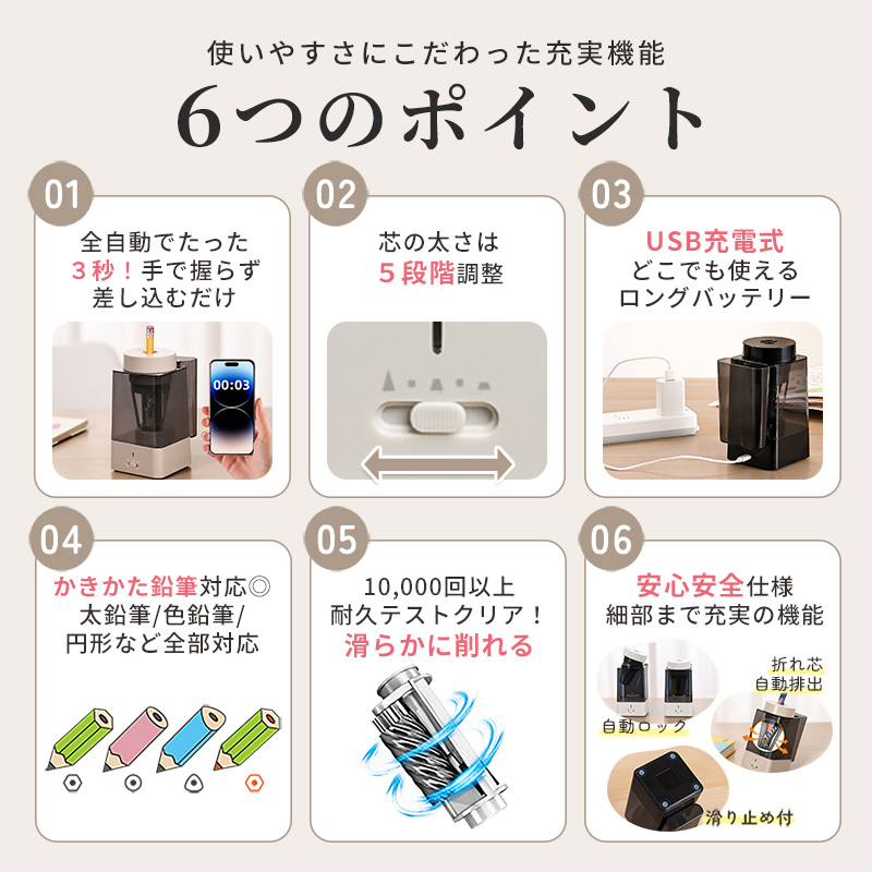 鉛筆削り 電動 鉛筆削り こども 鉛筆削り 充電式 USB かきかた鉛筆対応 色鉛筆 調節可能 調節機能付き えんぴつ削り 鉛筆けずり おしゃれ | インクのチップス | 06