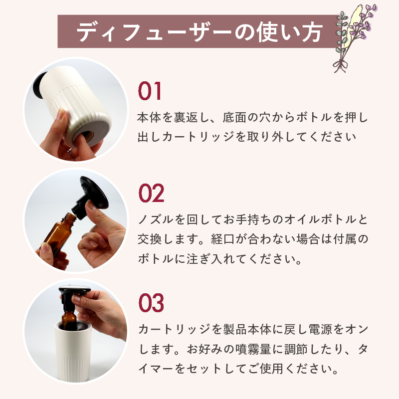 アロマディフューザー 水なし 車 コードレス ネブライザー式 USB充電式