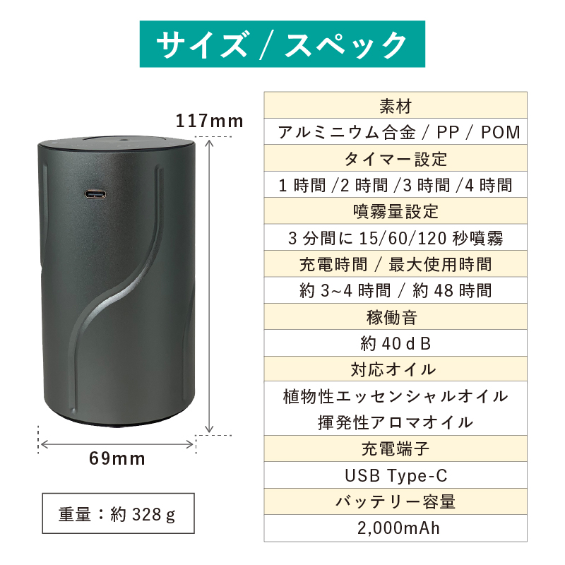 アロマディフューザー 水なし 車 コードレス ネブライザー式 USB充電式