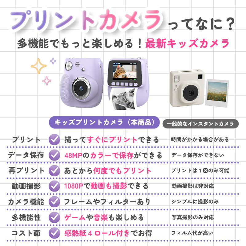 キッズカメラ インスタントカメラ キッズプリントカメラ デジカメ トイカメラ 4色 感熱紙 ロール付 動画撮影 音楽再生 ネックストラップ付 ギフト対応 |  | 03