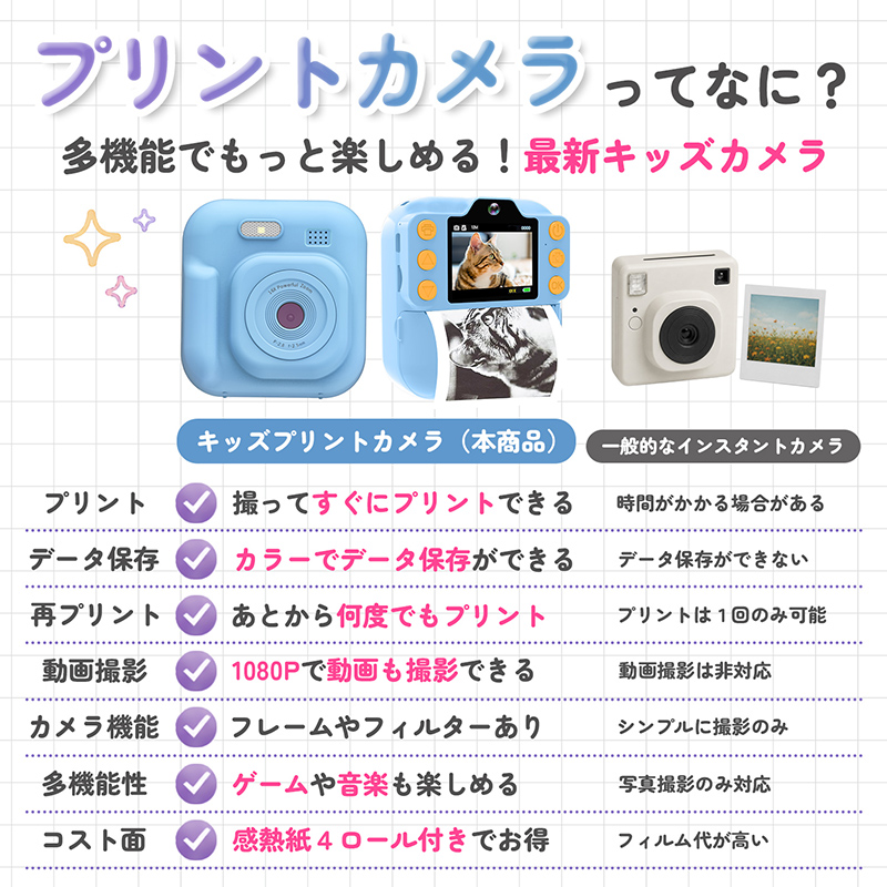 キッズカメラ インスタントカメラ キッズプリントカメラ デジカメ トイカメラ 4色 感熱紙 ロール付 動画撮影 音楽再生 ネックストラップ付 ギフト対応 |  | 06