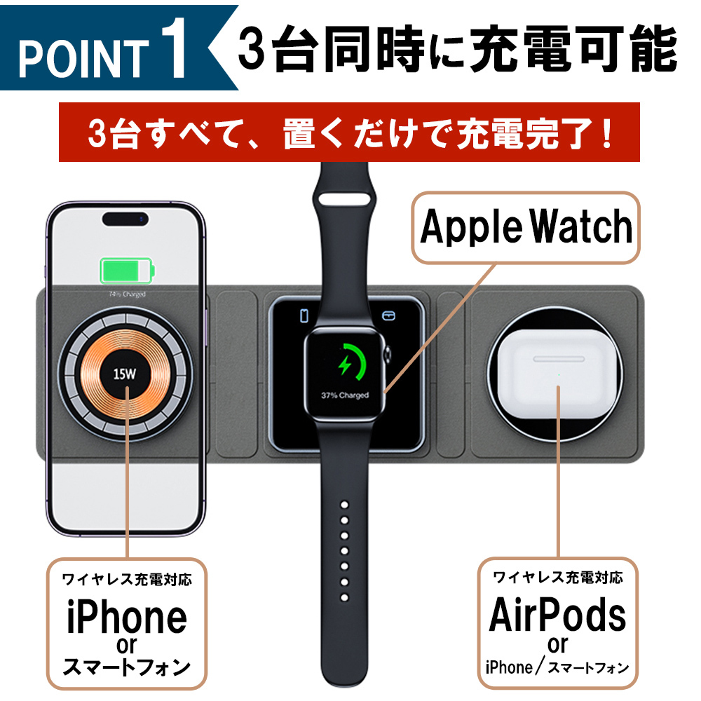 ワイヤレス充電器 MagSafe (マグセーフ) 充電器 iphone 充電器 apple watch (アップルウォッチ) 充電器 3in1 置くだけ  急速充電 iPhone 15 折り畳み式
