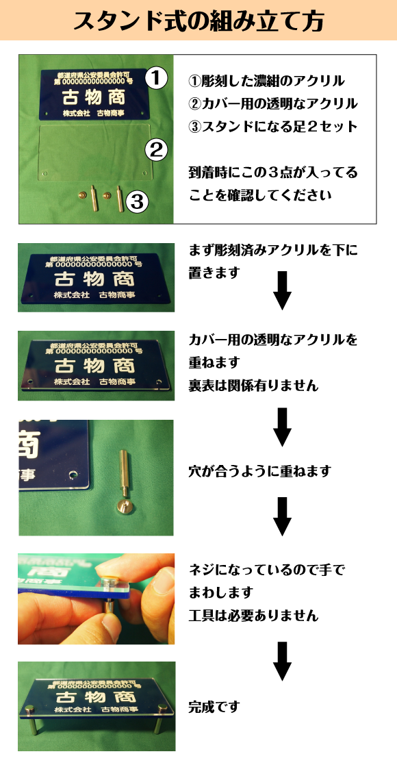 古物商プレートスタンド式の組み立て方