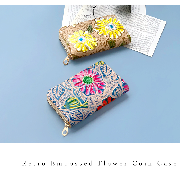 コインケース レディース 革 レトロ花型押し 小銭入れ 本革 花 財布
