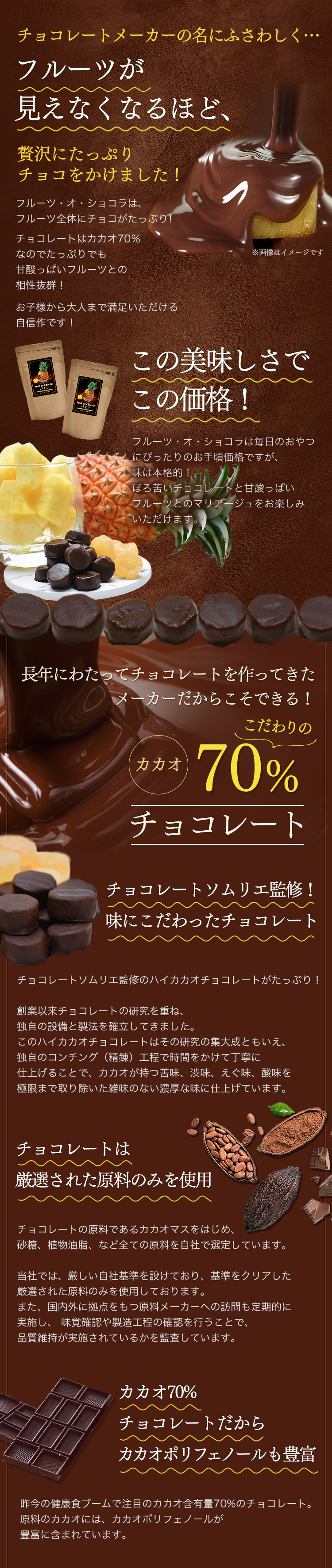 チョコレートメーカーの名にふさわしくフルーツが 見えなくなるほど、贅沢にたっぷり チョコをかけました！