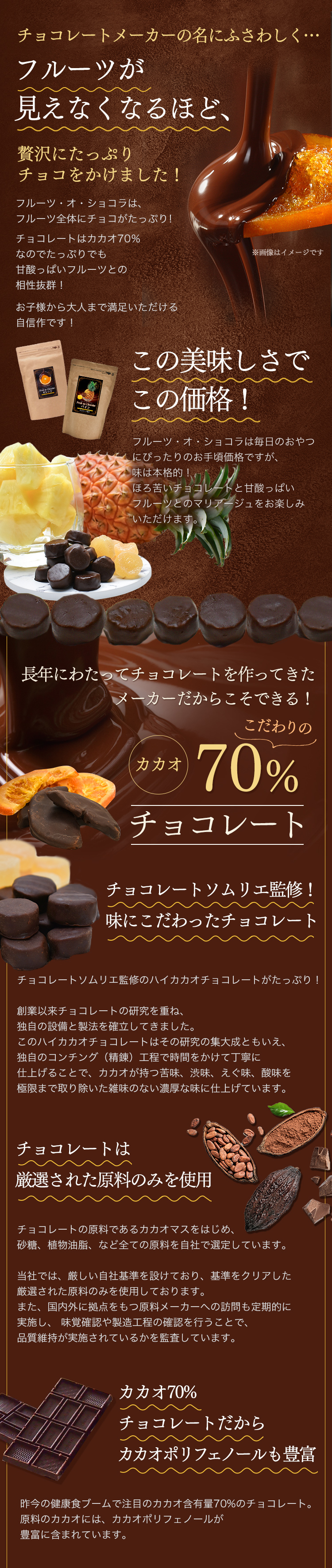 チョコレートメーカーの名にふさわしくフルーツが 見えなくなるほど、贅沢にたっぷり チョコをかけました！