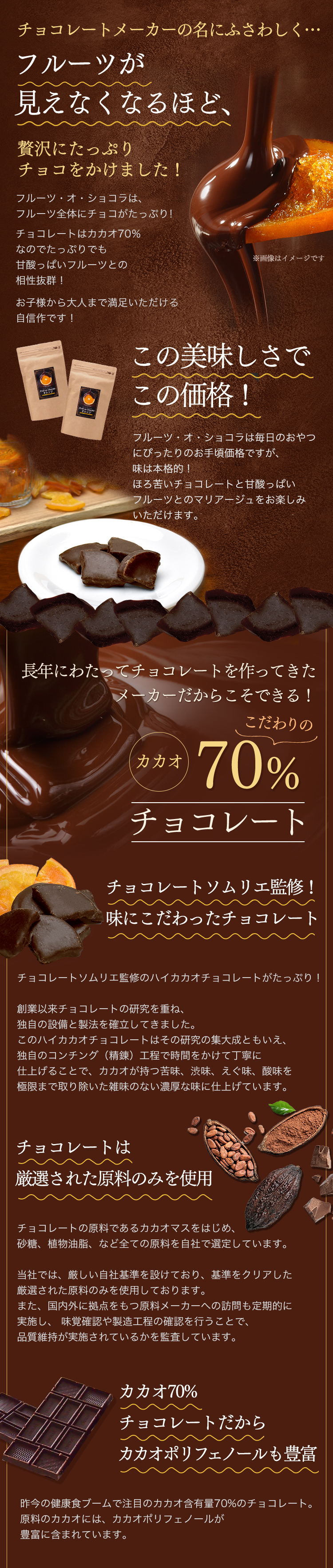 チョコレートメーカーの名にふさわしくフルーツが 見えなくなるほど、贅沢にたっぷり チョコをかけました！