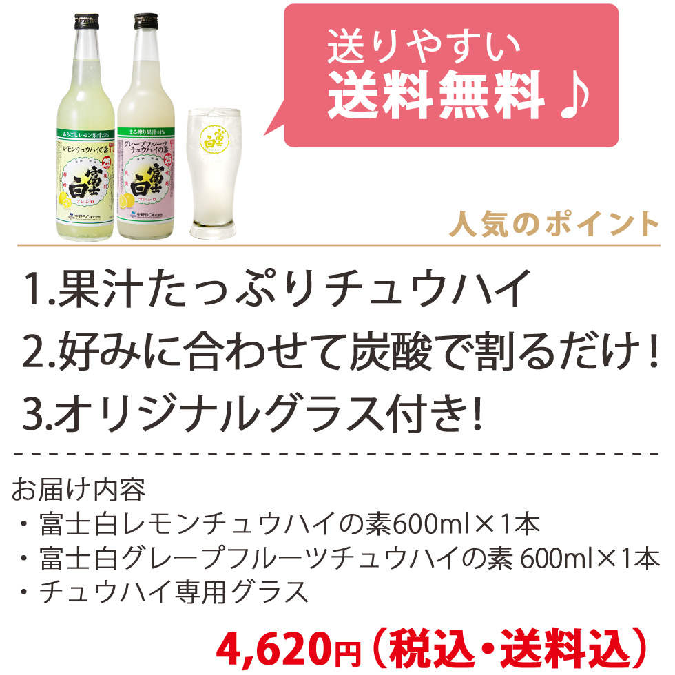 富士白グレープフルーツチュウハイの素と一緒に専用グラスもお届けします