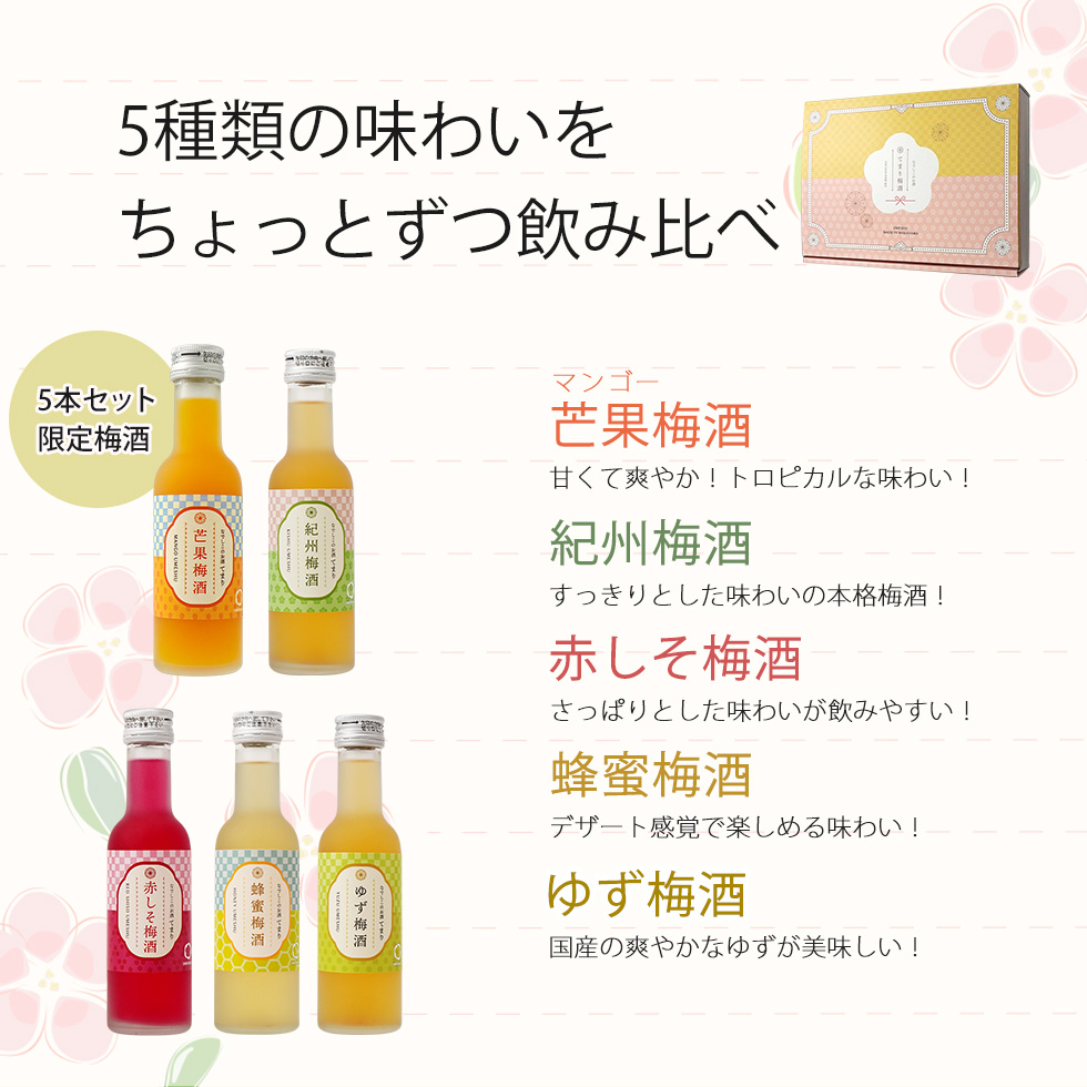 5種類の梅酒をちょっとずつ飲み比べできるセット。紀州梅酒、赤しそ梅酒、蜂蜜梅酒、緑茶梅酒、ゆず梅酒、みかん梅酒が含まれ、それぞれの特徴が紹介されています。