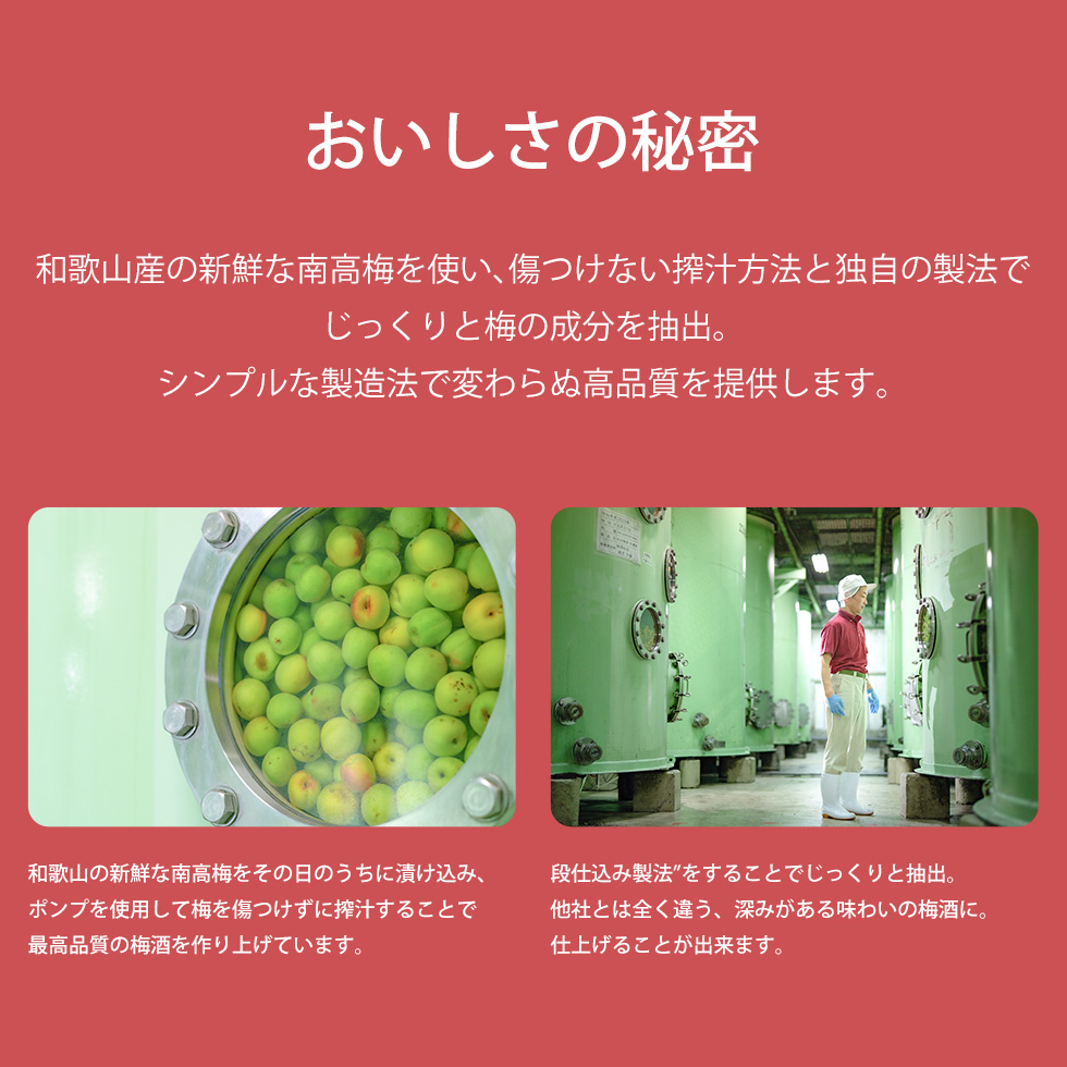 おいしさの秘密として、和歌山産の新鮮な南高梅を使ったシンプルな製造法が紹介されています。梅の漬け込みや段仕込み製法の様子が写真で示されています。