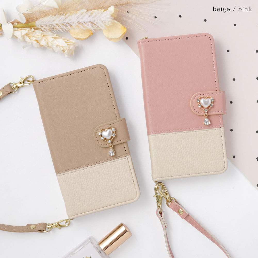 スマホケース 手帳型 バイカラー マグネットベルト ストラップ付き 鏡 ミラー パール ワンポイント