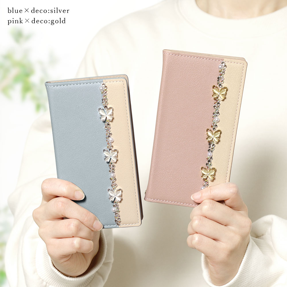 スマホケース 手帳型 バイカラー 花 ちょうちょ 蝶 バタフライ ベルトなし マグネットなし スタンド ラインストーン デコ ちょうちょ 蝶 バタフライ