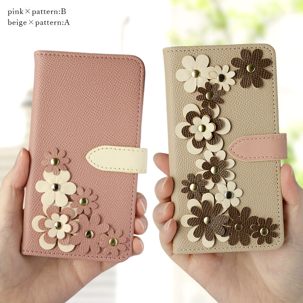 スマホケース 手帳型 サフィアーノレザー調 バイカラー マグネットベルト スタンド フラワー 花 