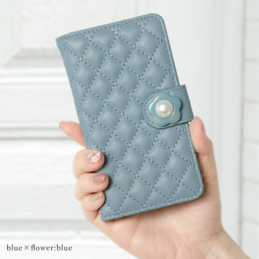 スマホケース 手帳型 キルティング フラワー マグネットベルト ミラー付き 鏡付き パール ワンポイント 花