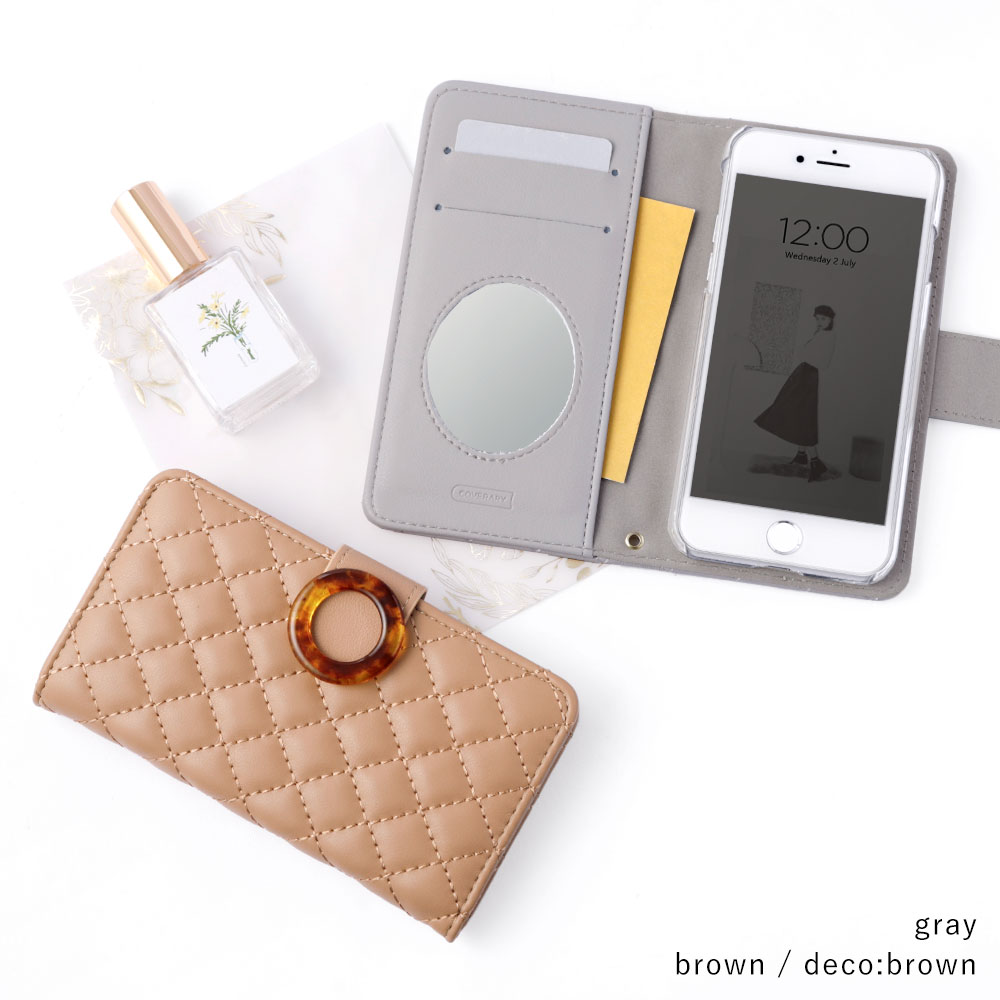 スマホケース 手帳型 キルティング マグネットベルト ミラー付き 鏡付き ワンポイント マーブル