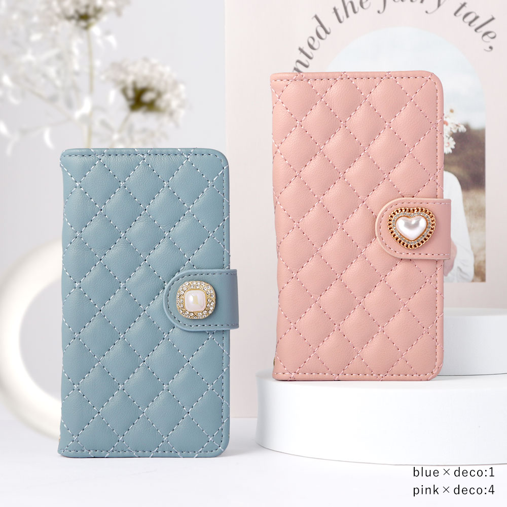 スマホケース 手帳型 キルティング マグネットベルト ミラー付き 鏡付き ラインストーン パール ワンポイント ゴールド