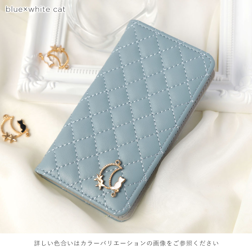 スマホケース 手帳型 キルティング ベルトなし マグネットなし ミラー付き 鏡付き キャット 猫 ねこ ワンポイント