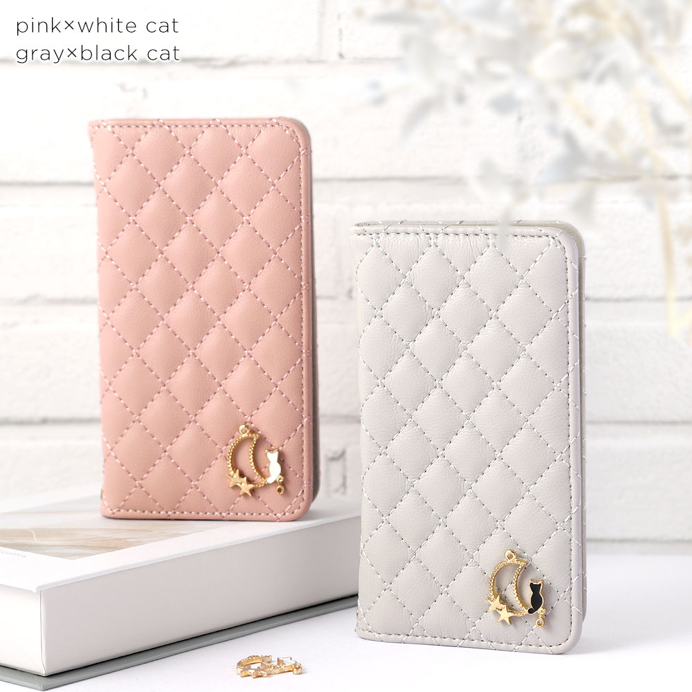 スマホケース 手帳型 キルティング ベルトなし マグネットなし ミラー付き 鏡付き キャット 猫 ねこ ワンポイント