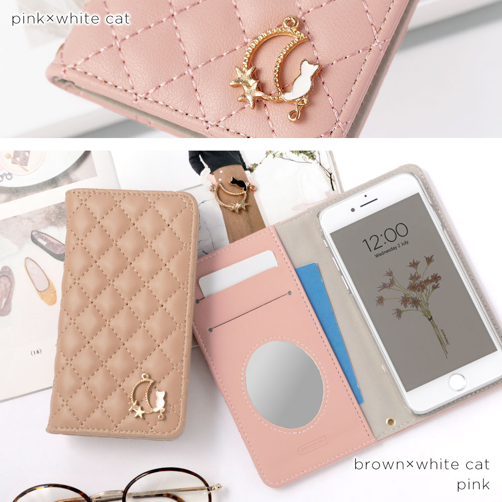 スマホケース 手帳型 キルティング ベルトなし マグネットなし ミラー付き 鏡付き キャット 猫 ねこ ワンポイント