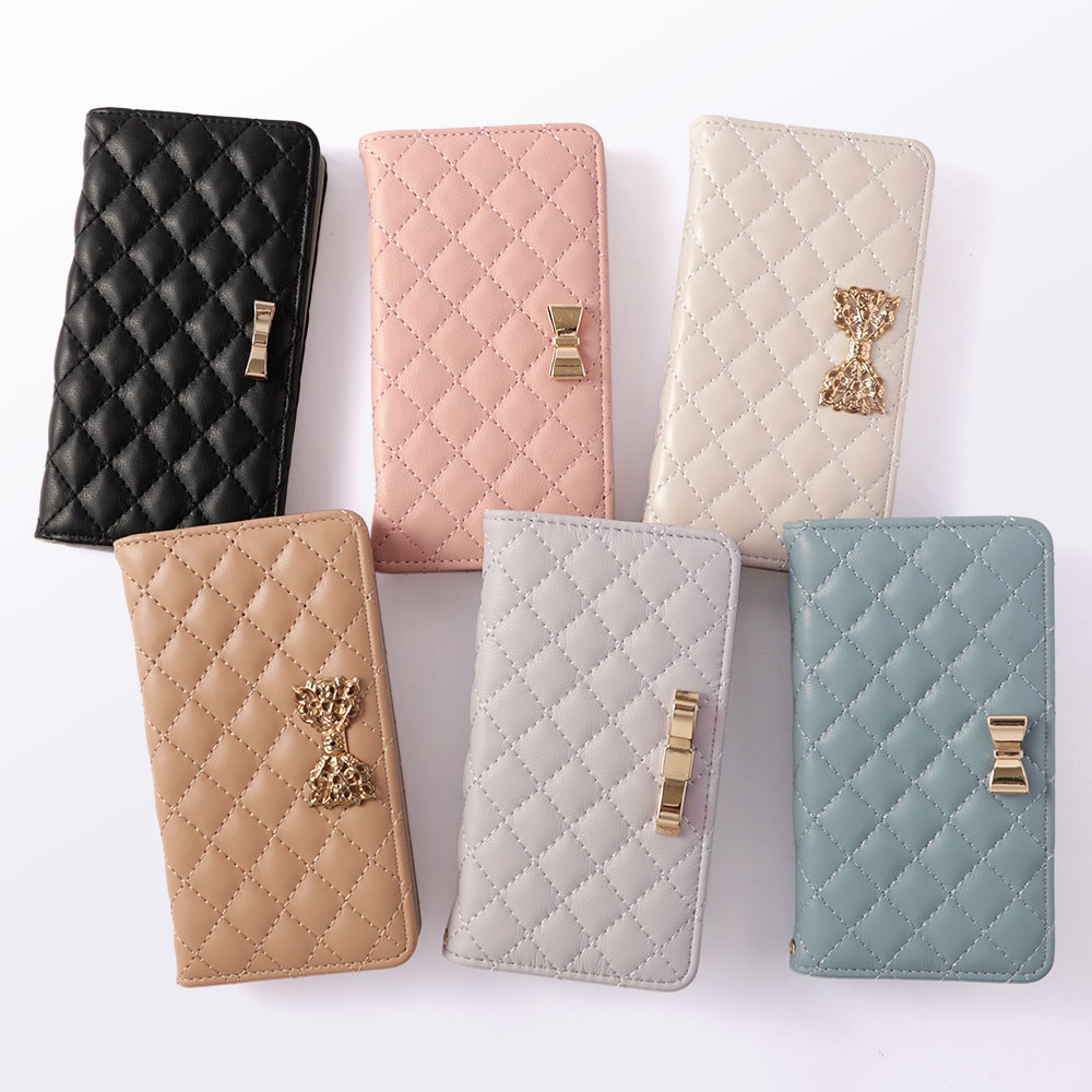 スマホケース 手帳型 キルティング リボン ベルトなし マグネットなし ミラー付き 鏡付き リボン ゴールド ワンポイント